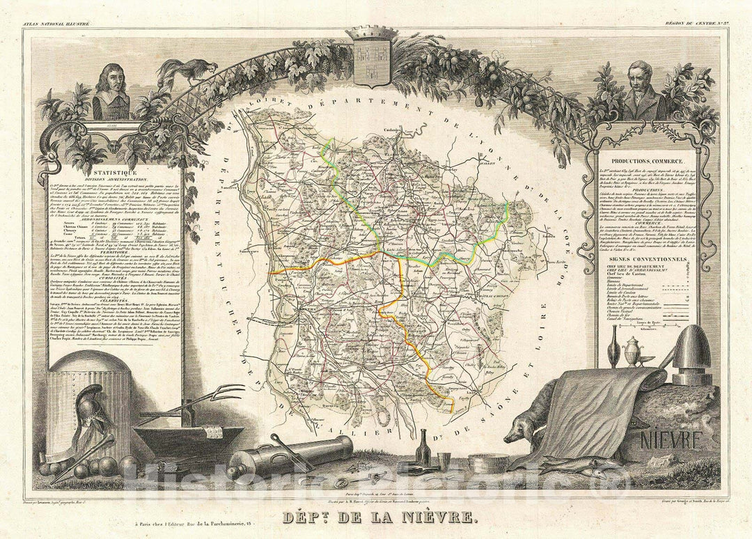 Historic Map : Levasseur Map of The Department De La Nievre, France (Burgundy or Bourgogne Wine Region), 1852, Vintage Wall Art