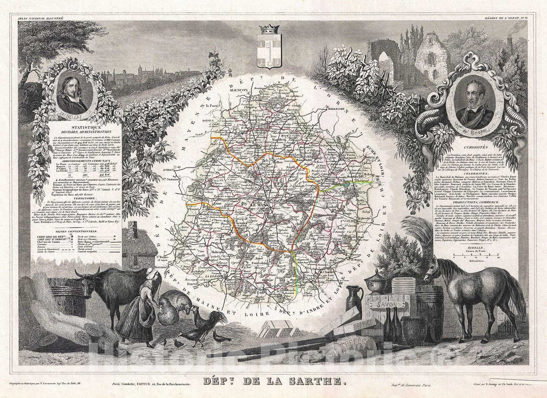 Historic Map : Levasseur Map of The Department De La Sarthe, France, 1852, Vintage Wall Art