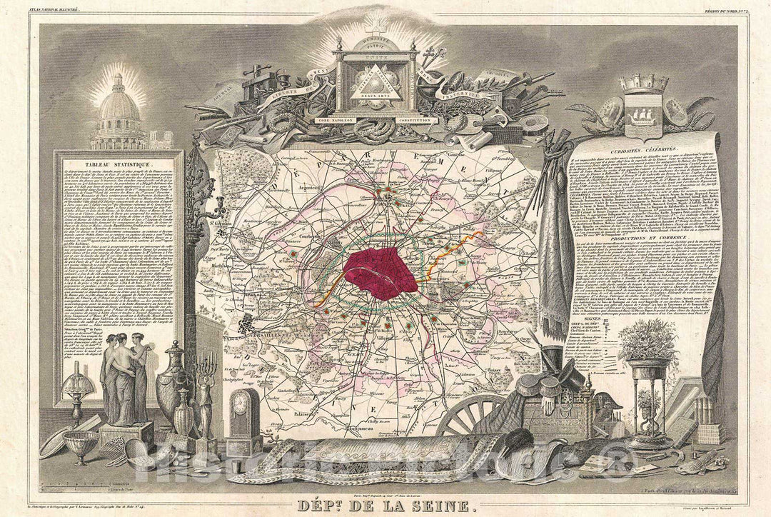 Historic Map : Levasseur Map of The Department de la Seine (Paris), 1852, Vintage Wall Art