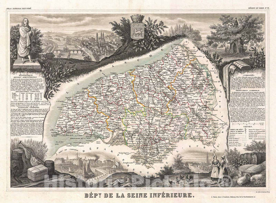 Historic Map : Levasseur Map of The Department De La Seine Inferieure, France, 1852, Vintage Wall Art