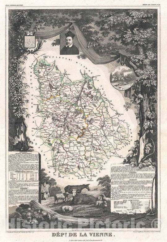 Historic Map : Levasseur Map of The Department De La Vienne, France, 1852, Vintage Wall Art