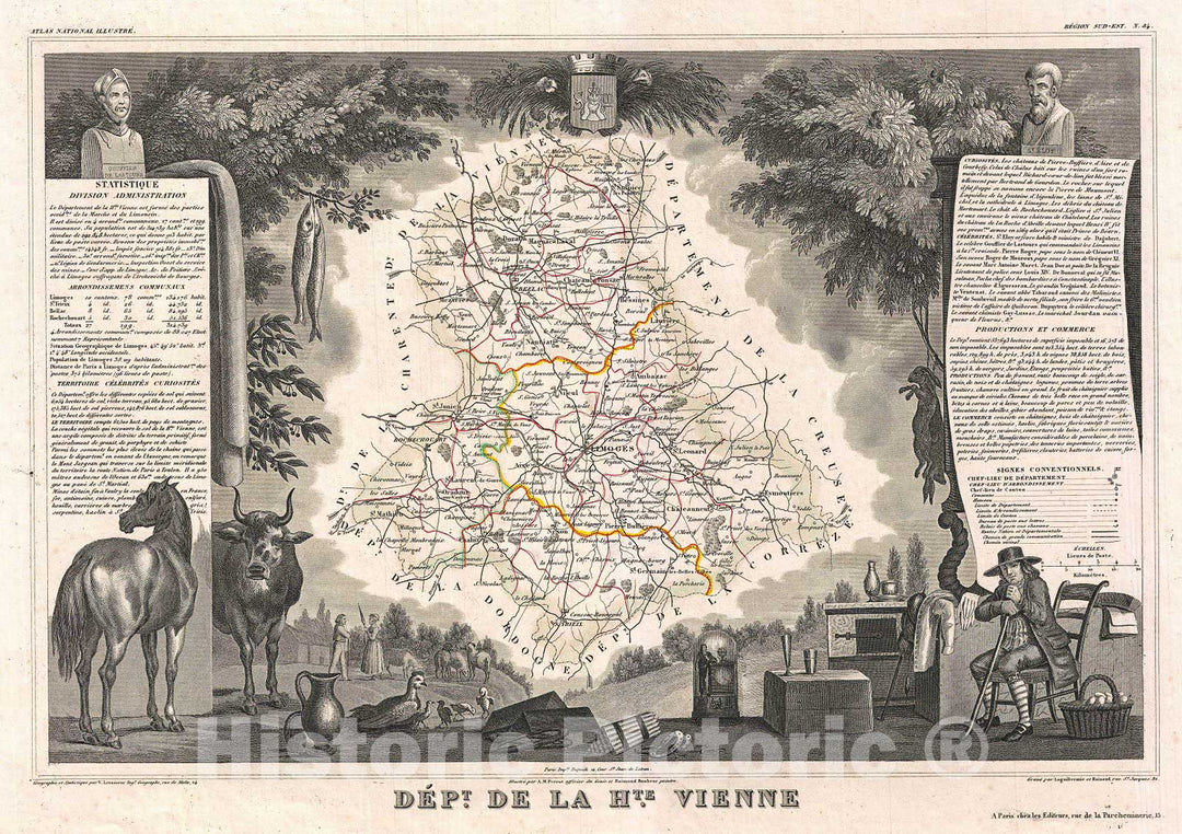 Historic Map : Levasseur Map of The Department De Le Haute Vienne, France (Limoge Porcelain Region), 1852, Vintage Wall Art