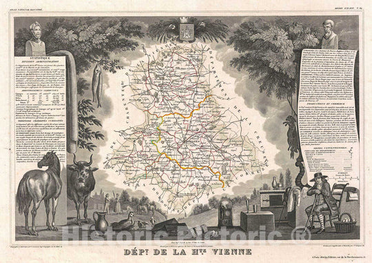 Historic Map : Levasseur Map of The Department De Le Haute Vienne, France (Limoge Porcelain Region), 1852, Vintage Wall Art