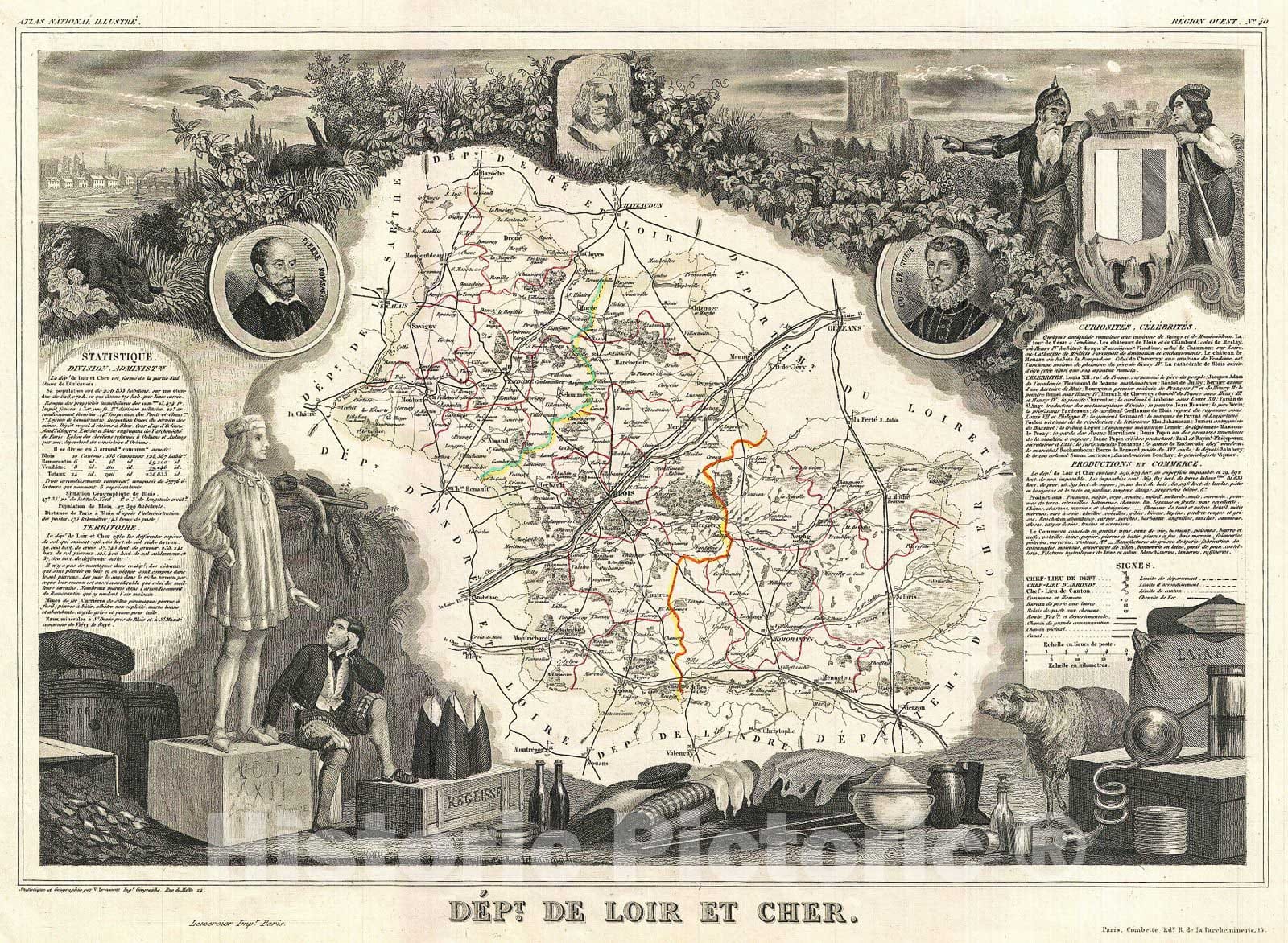 Historic Map : Levasseur Map of The Department de LoiretCher, France (Loire Valley Wine Region), 1852, Vintage Wall Art