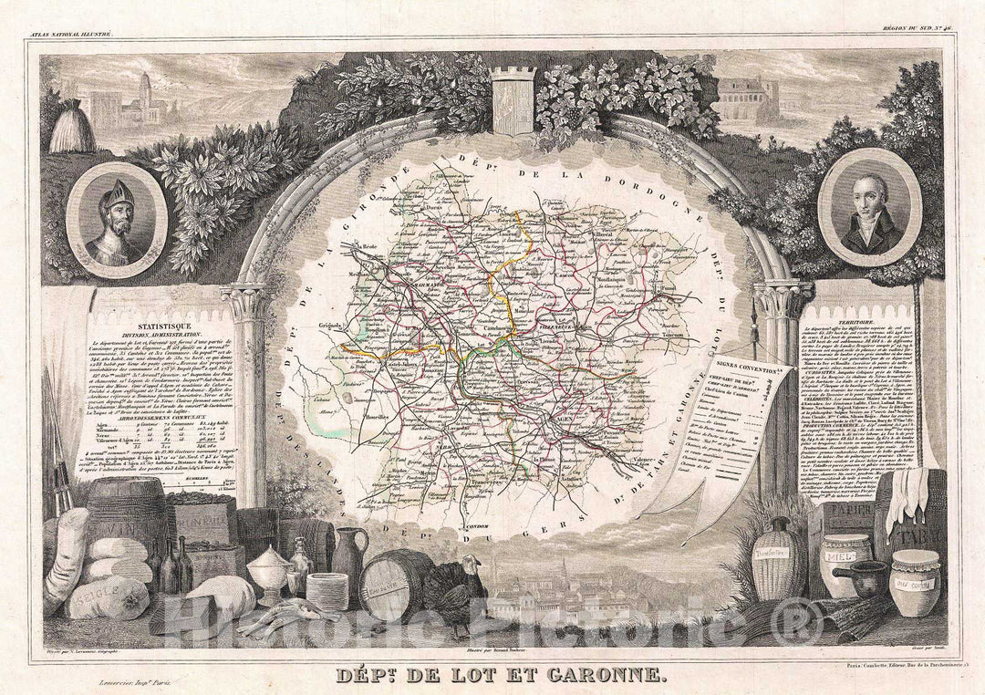 Historic Map : Levasseur Map of The Department De Lot et Garonne, France, 1852, Vintage Wall Art