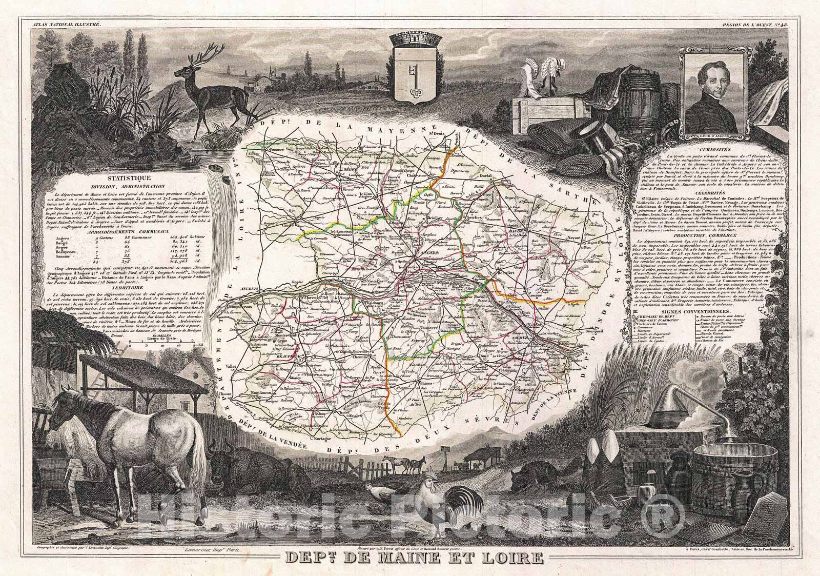 Historic Map : Levasseur Map of The Department De Maine et Loire, France, 1852, Vintage Wall Art