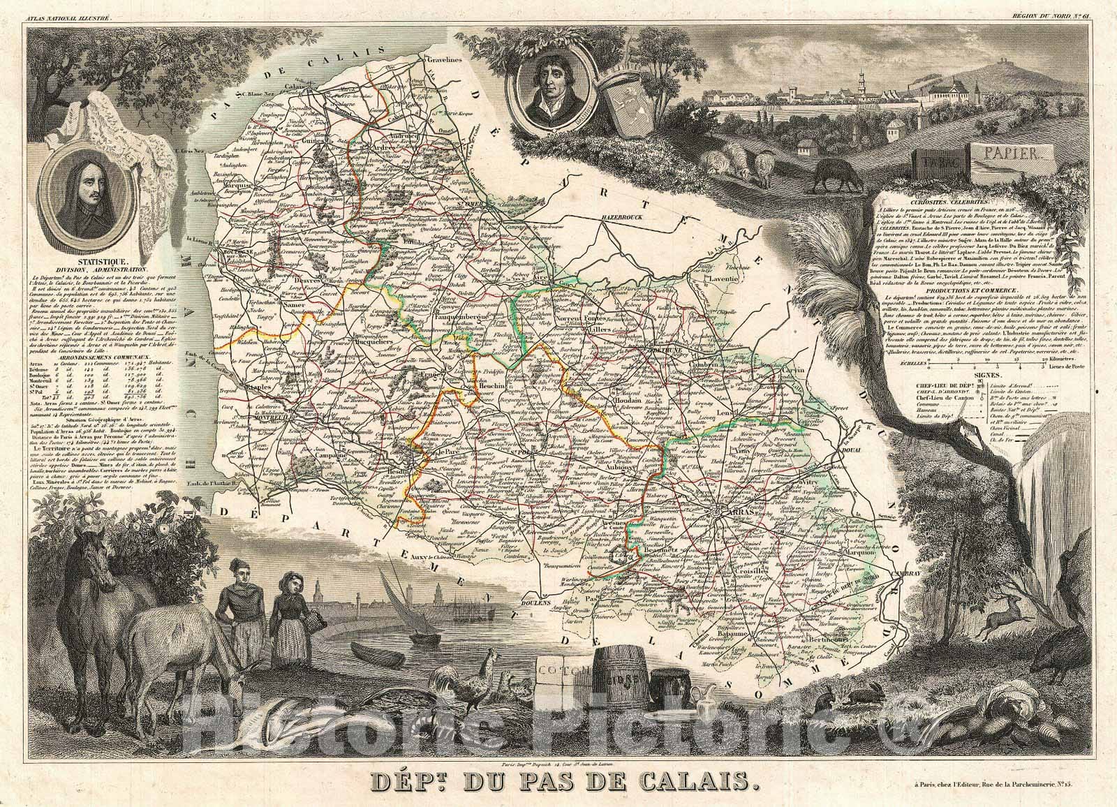 Historic Map : Levasseur Map of The Department De Pas de Calais, France (Maroilles Cheese Region), 1852, Vintage Wall Art