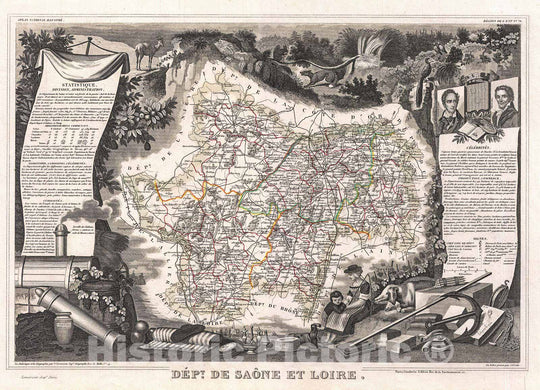 Historic Map : Levasseur Map of The Department De Saone Et Loire, France (Burgundy or Bourgogne Wine Region), 1852, Vintage Wall Art