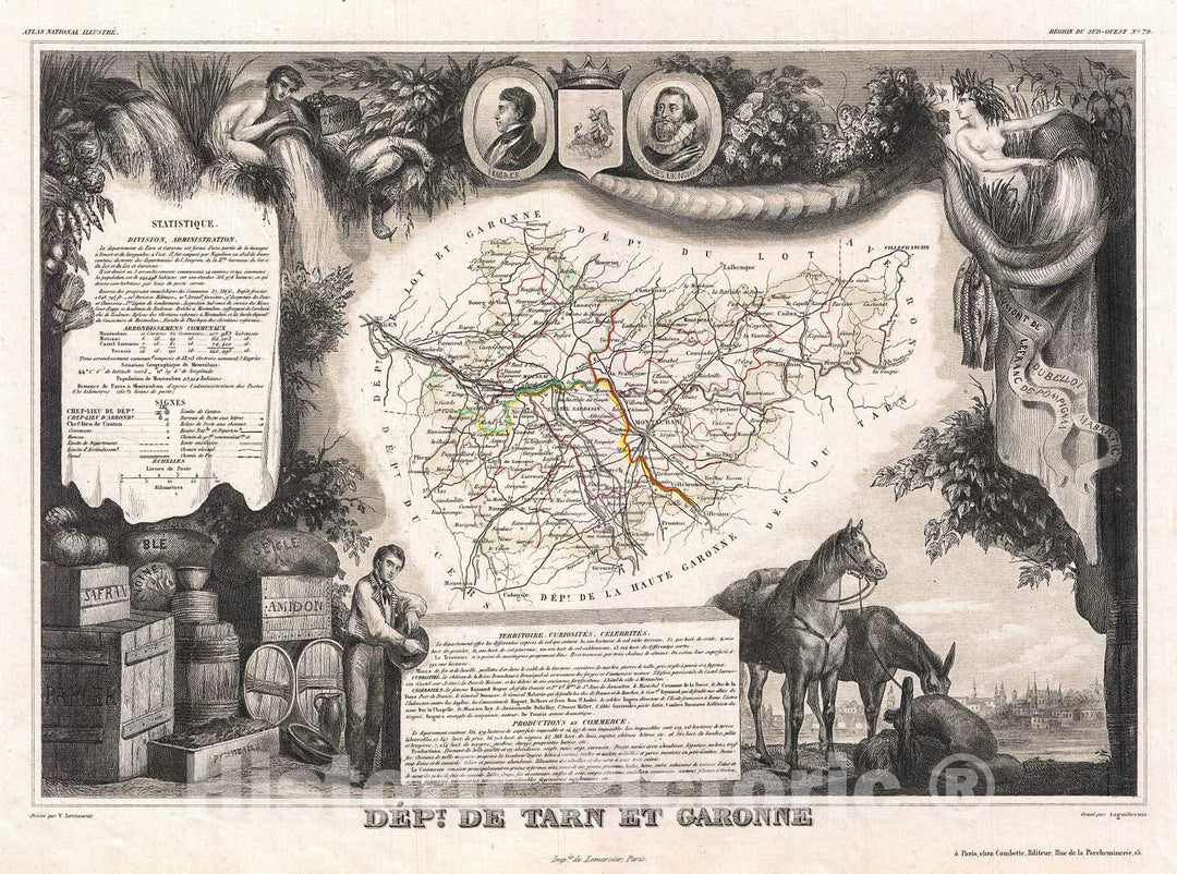 Historic Map : Levasseur Map of The Department De Tarn Et Garonne, France, 1852, Vintage Wall Art