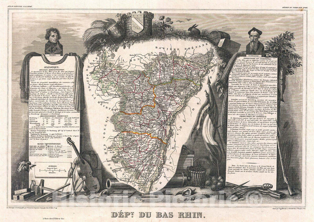 Historic Map : Levasseur Map of The Department Du Bas Rhin, France (Strasbourg, Alsace Wine Region), 1852, Vintage Wall Art