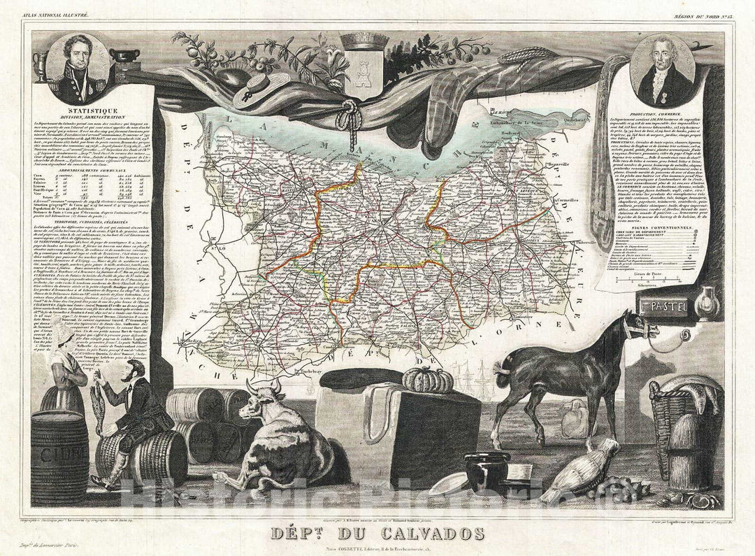 Historic Map : Levasseur Map of The Department Du Calvados, France, 1852, Vintage Wall Art