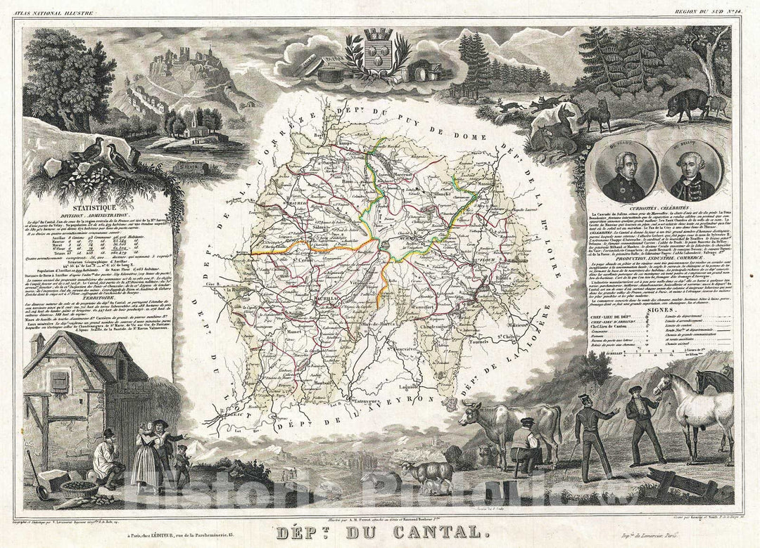 Historic Map : Levasseur Map of The Department Du Cantal, France (Cantal Cheese Region), 1852, Vintage Wall Art