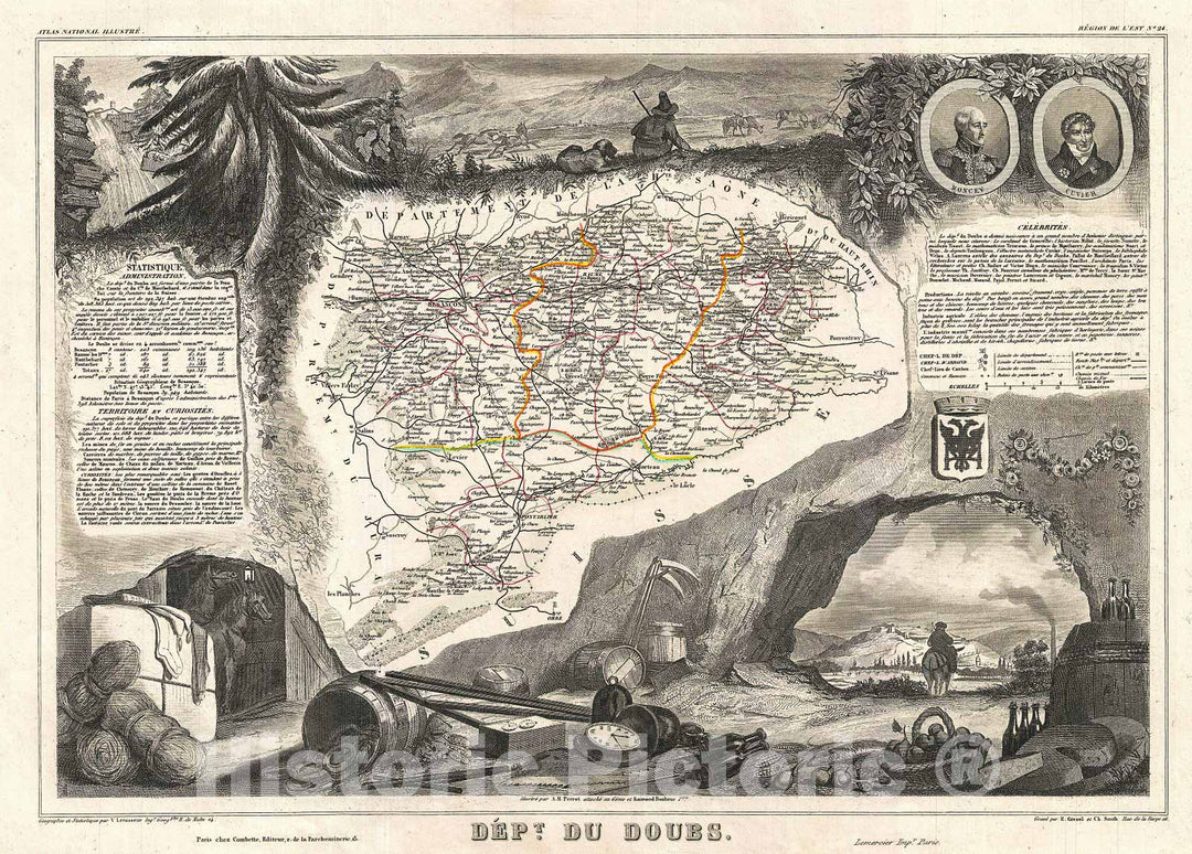 Historic Map : Levasseur Map of The Department du Doubs, France, 1852, Vintage Wall Art