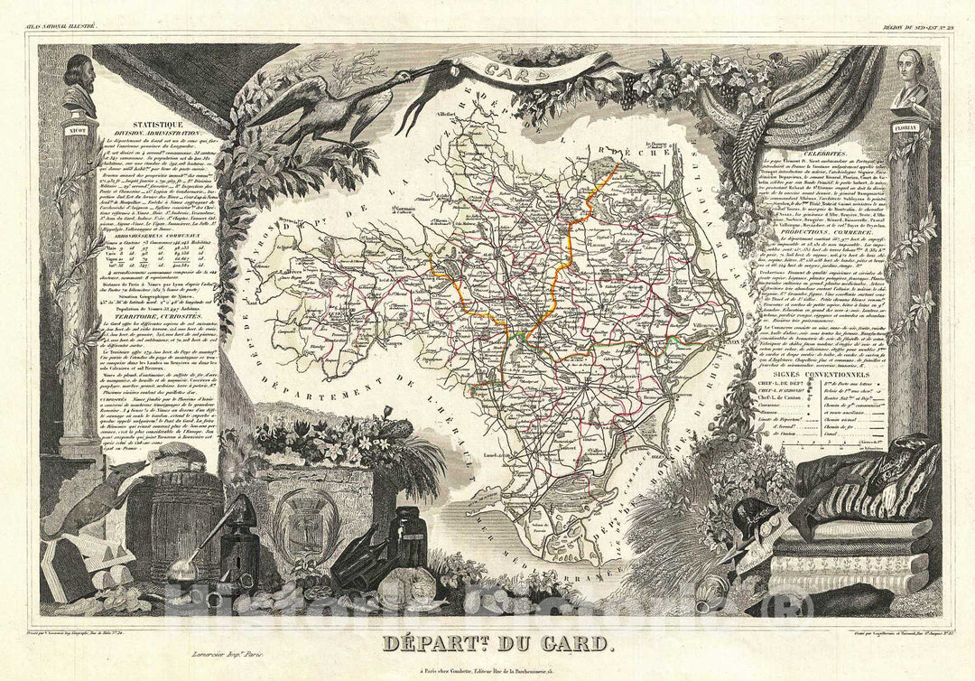 Historic Map : Levasseur Map of The Department du Gard, France, 1852, Vintage Wall Art