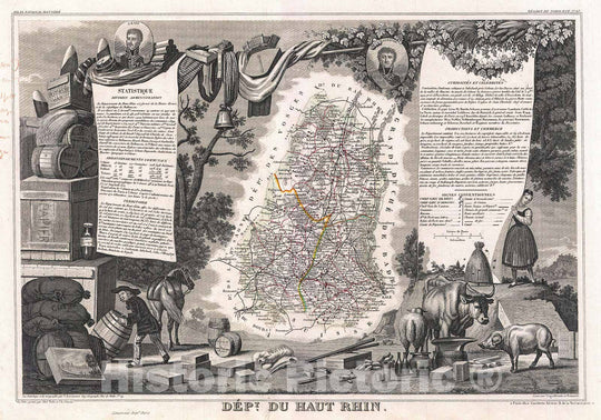 Historic Map : Levasseur Map of The Department Du Haut Rhin, France (Alsace Wine Region), 1852, Vintage Wall Art