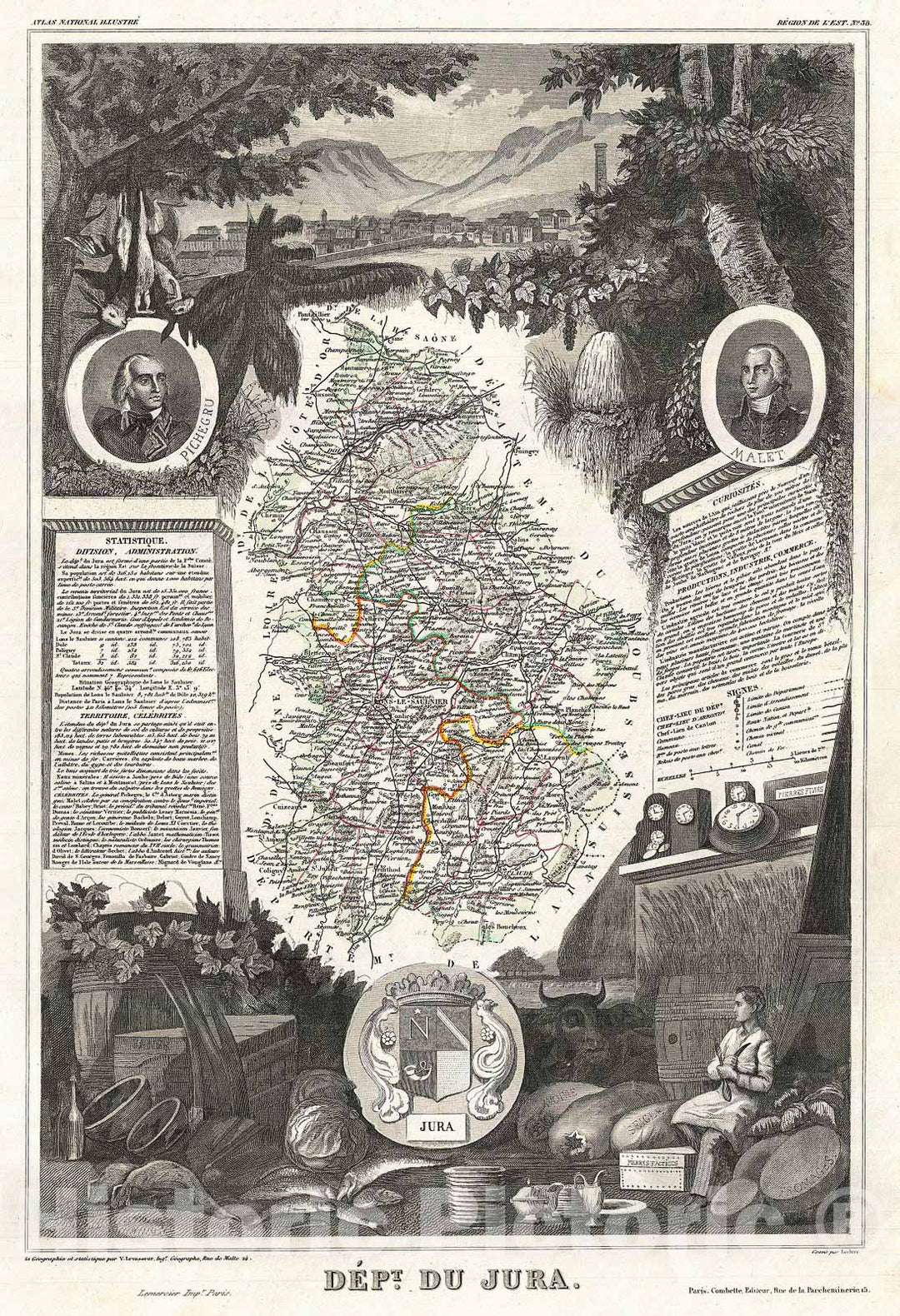 Historic Map : Levasseur Map of The Department du Jura, France, France, 1852, Vintage Wall Art