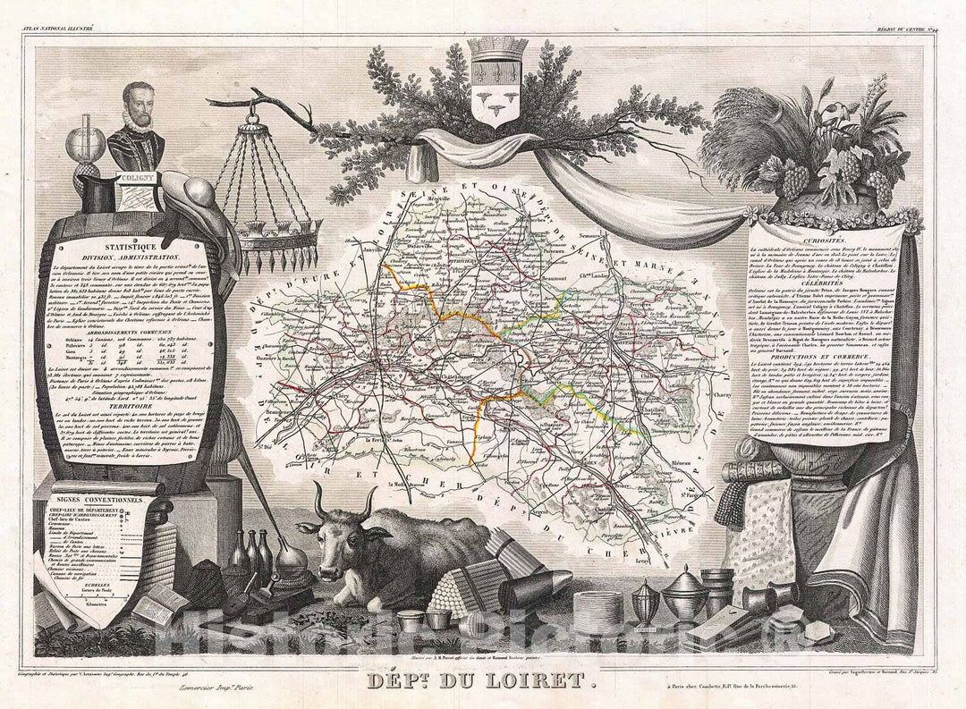 Historic Map : Levasseur Map of The Department Du Loiret, France, 1852, Vintage Wall Art