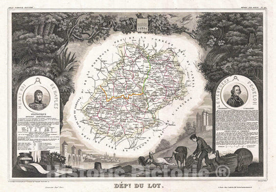 Historic Map : Levasseur Map of The Department Du Lot, France (Cahors Wine Region), 1852, Vintage Wall Art