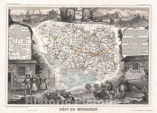 Historic Map : Levasseur Map of The Department Du Morbihan, France, 1852, Vintage Wall Art