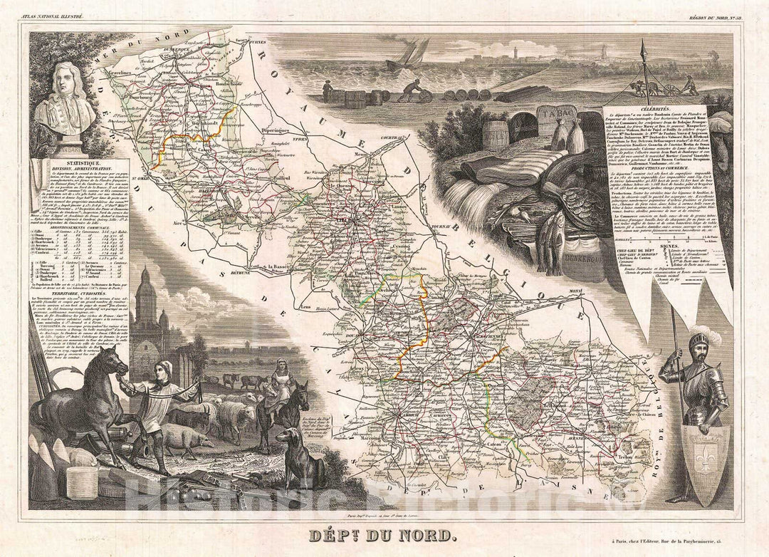 Historic Map : Levasseur Map of The Department Du Nord, France, 1852, Vintage Wall Art