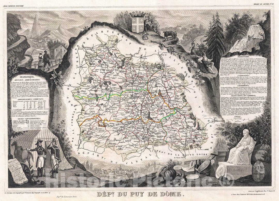 Historic Map : Levasseur Map of The Department Du PUY de Dome, France, 1852, Vintage Wall Art