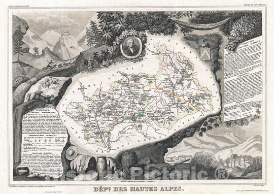 Historic Map : Levasseur Map of The Department Hautes Alpes, France, 1852, Vintage Wall Art