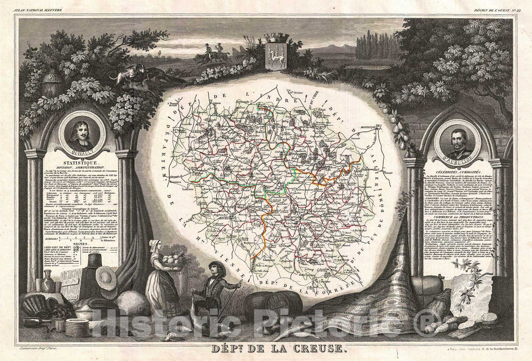 Historic Map : Levasseur Map of The Department La Creuse, France, 1852, Vintage Wall Art