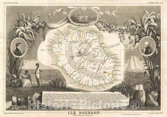 Historic Map : Levasseur Map of The Reunion or The ILE. Bourbon, Indian Ocean, 1852, Vintage Wall Art