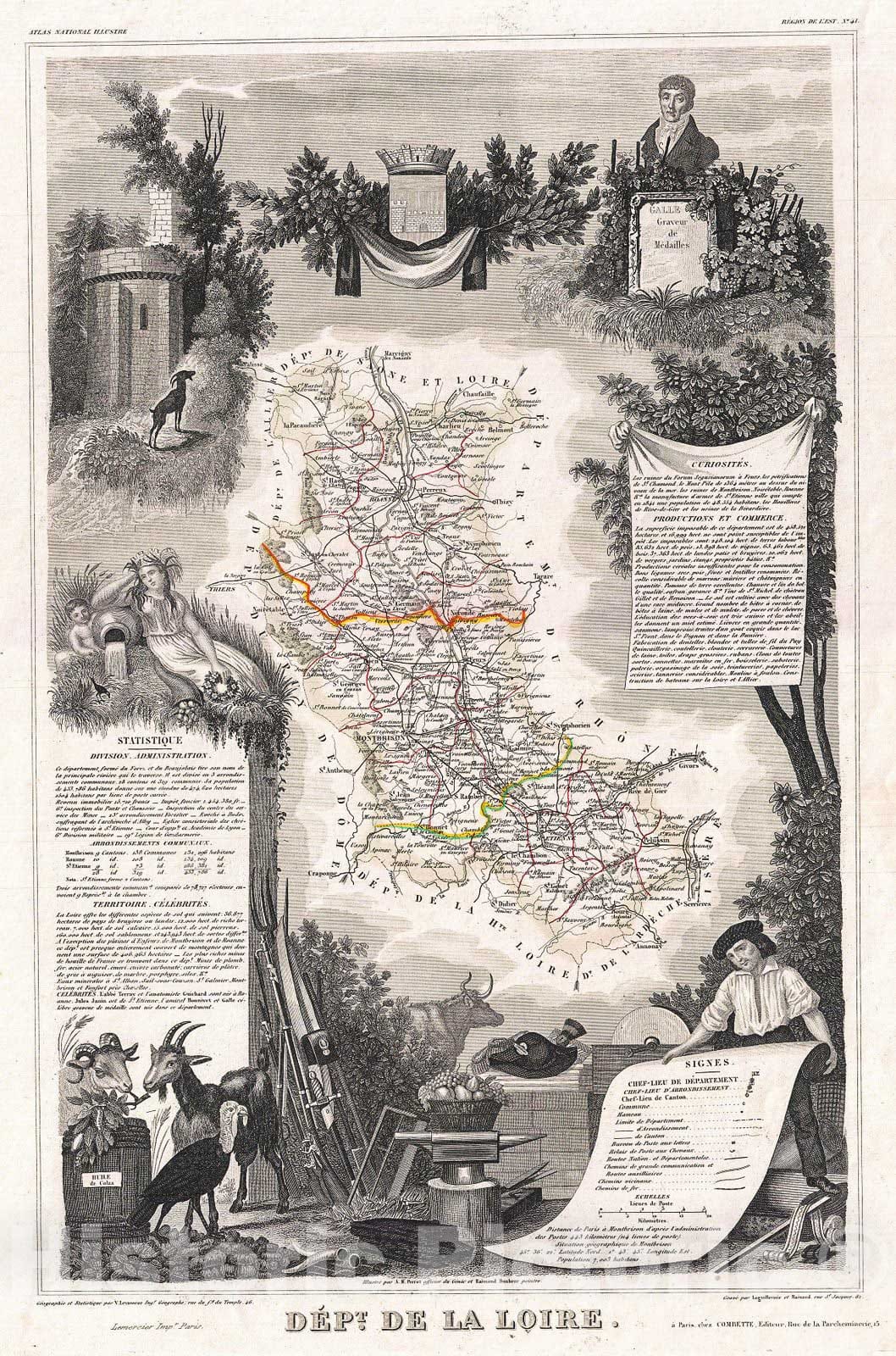 Historic Map : Levasseur Mpa of The Department De La Loire, France (Loire Valley Region), 1852, Vintage Wall Art