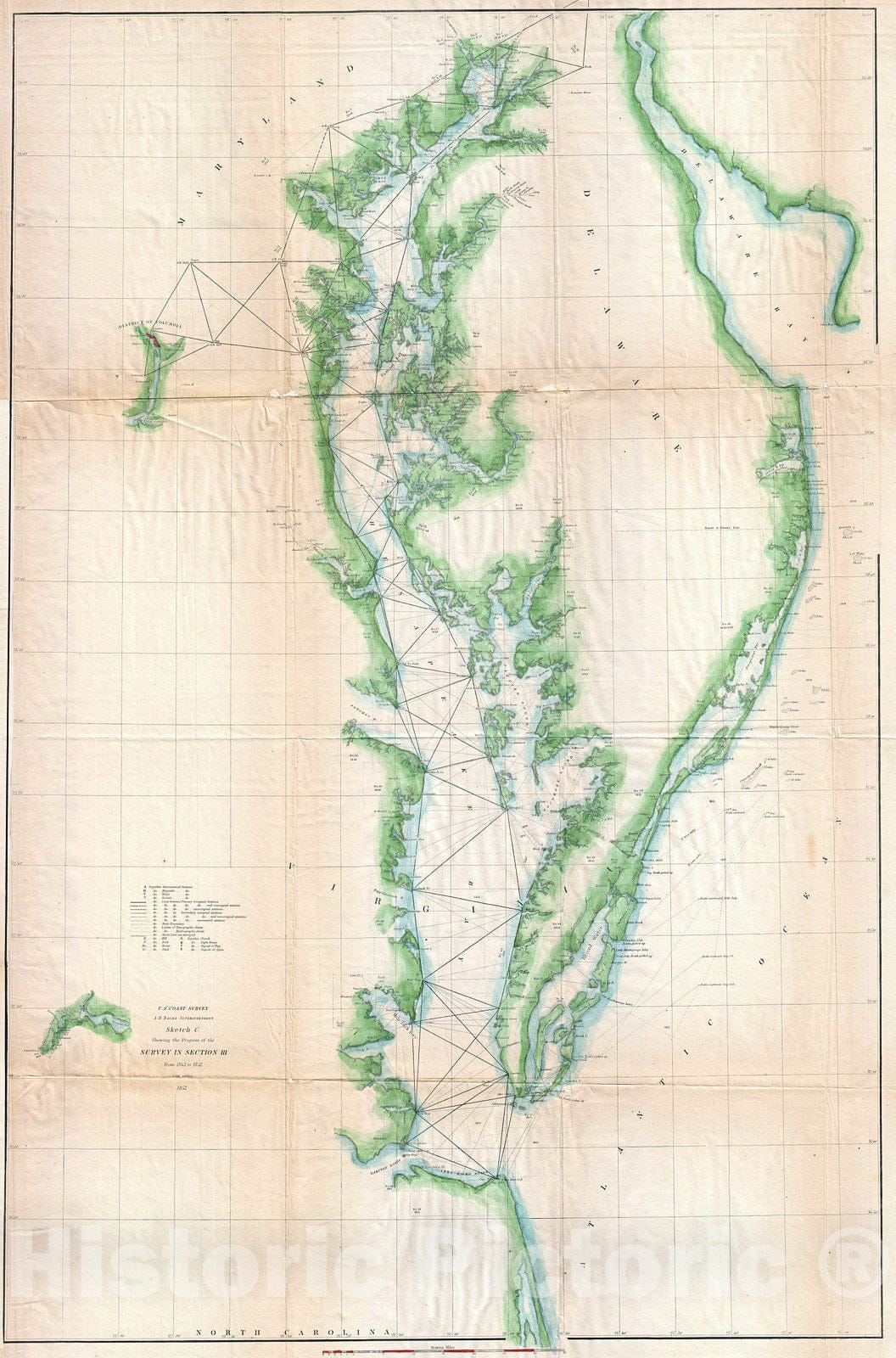 Historic Map : U.S. Coast Survey Chart or Map of The Chesapeake Bay and Delaware Bay, 1852, Vintage Wall Art