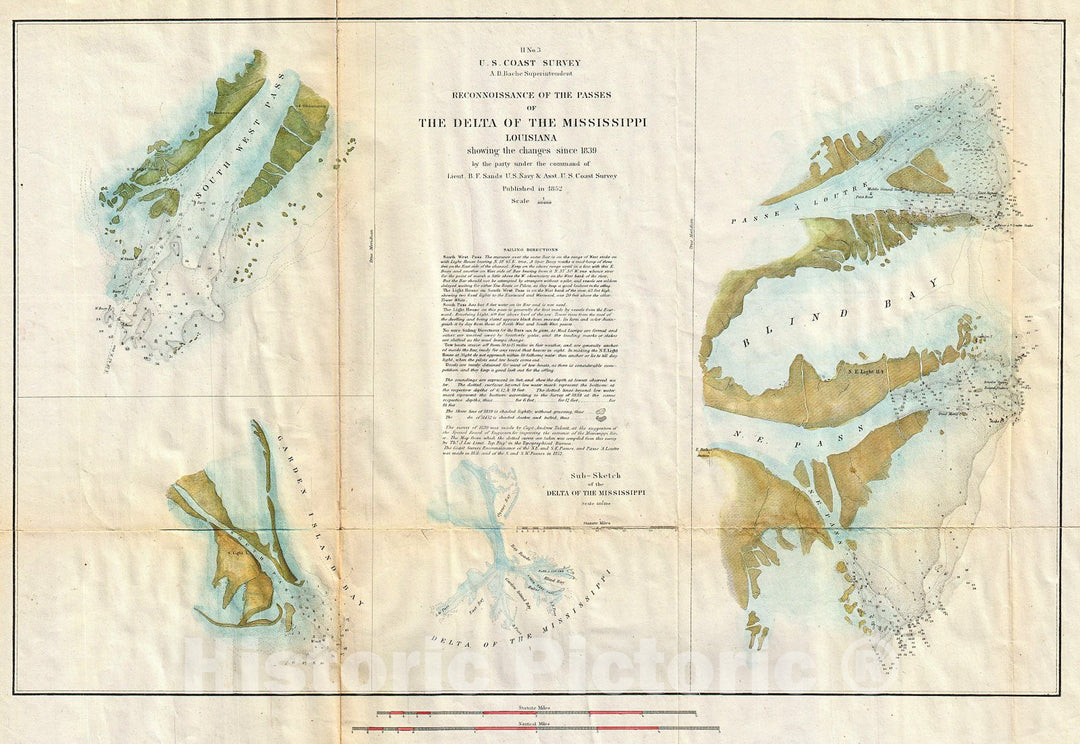 Historic Map : U.S. Coast Survey Map of The Mississippi River Delta, 1852, Vintage Wall Art