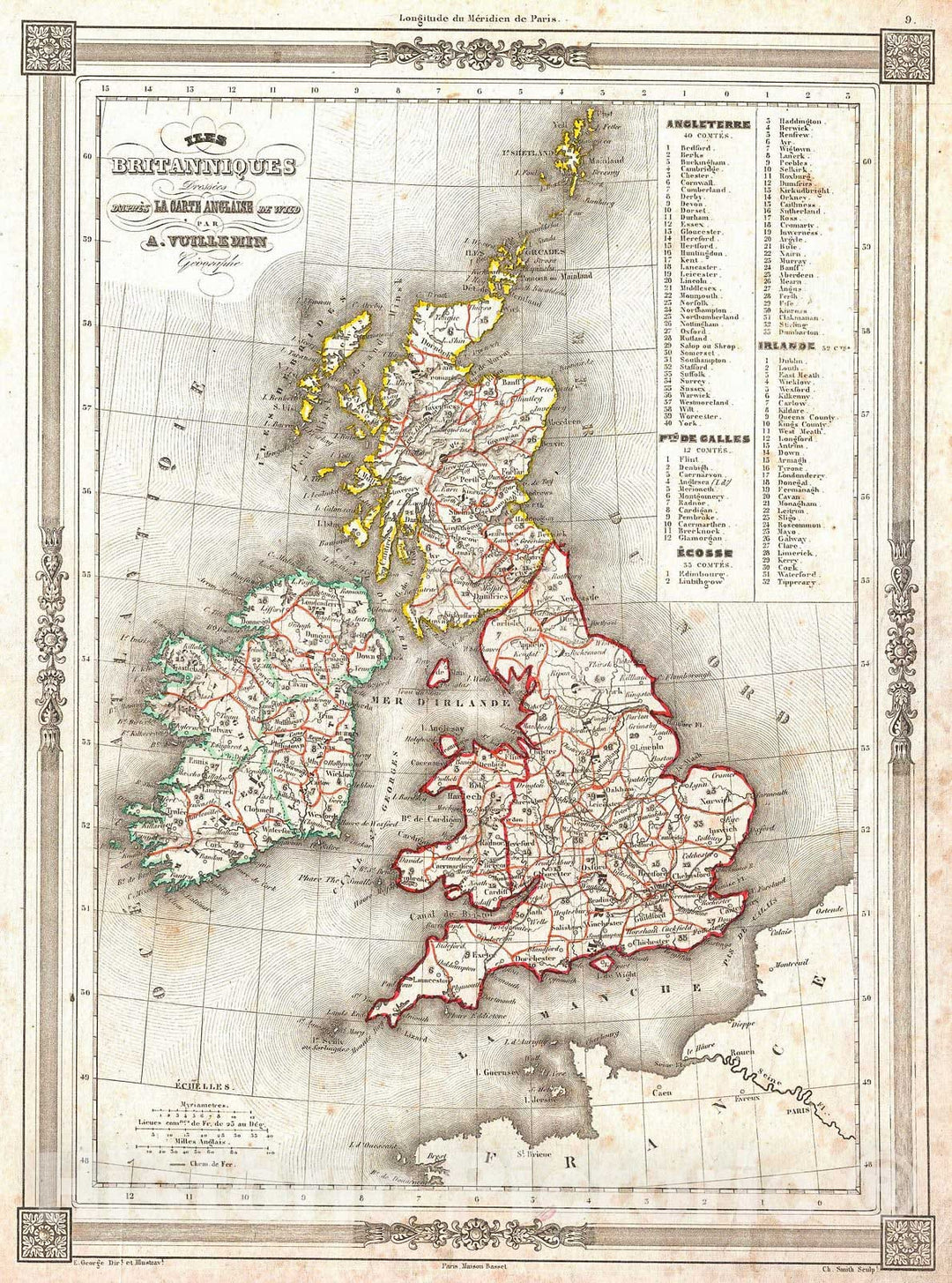 Historic Map : Vuillemin Map of The British Isles (England, Ireland, Scotland) , 1852, Vintage Wall Art