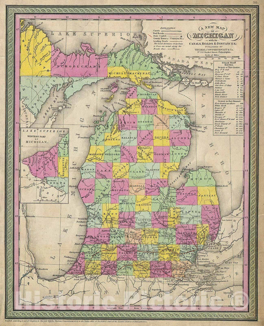 Historic Map : Mitchell Map of Michigan, 1853, Vintage Wall Art