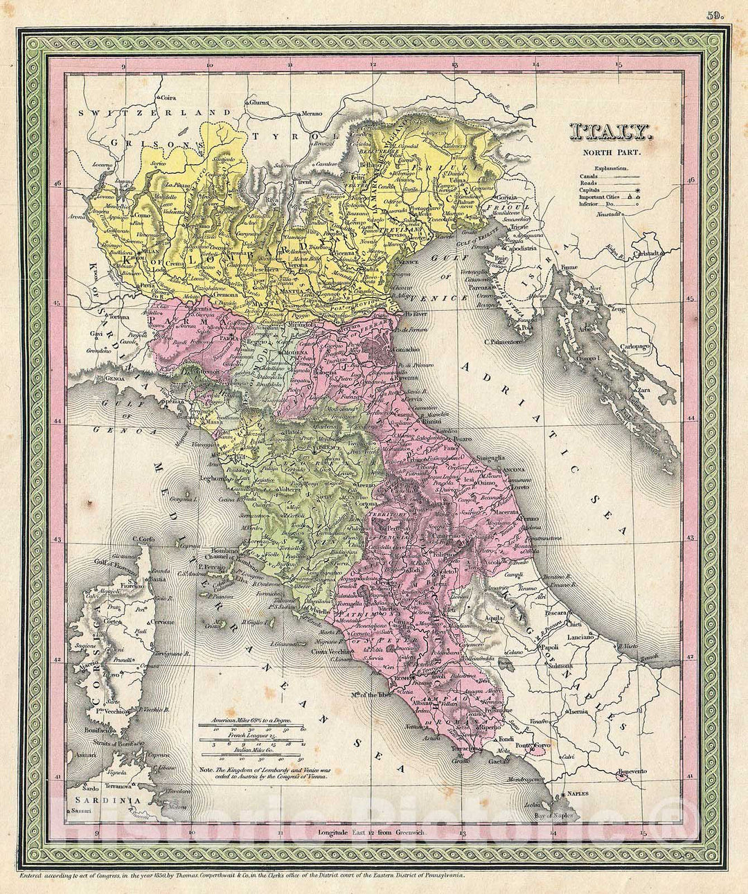 Historic Map : Mitchell Map of Northern Italy (Tuscany, Venice) , 1853, Vintage Wall Art