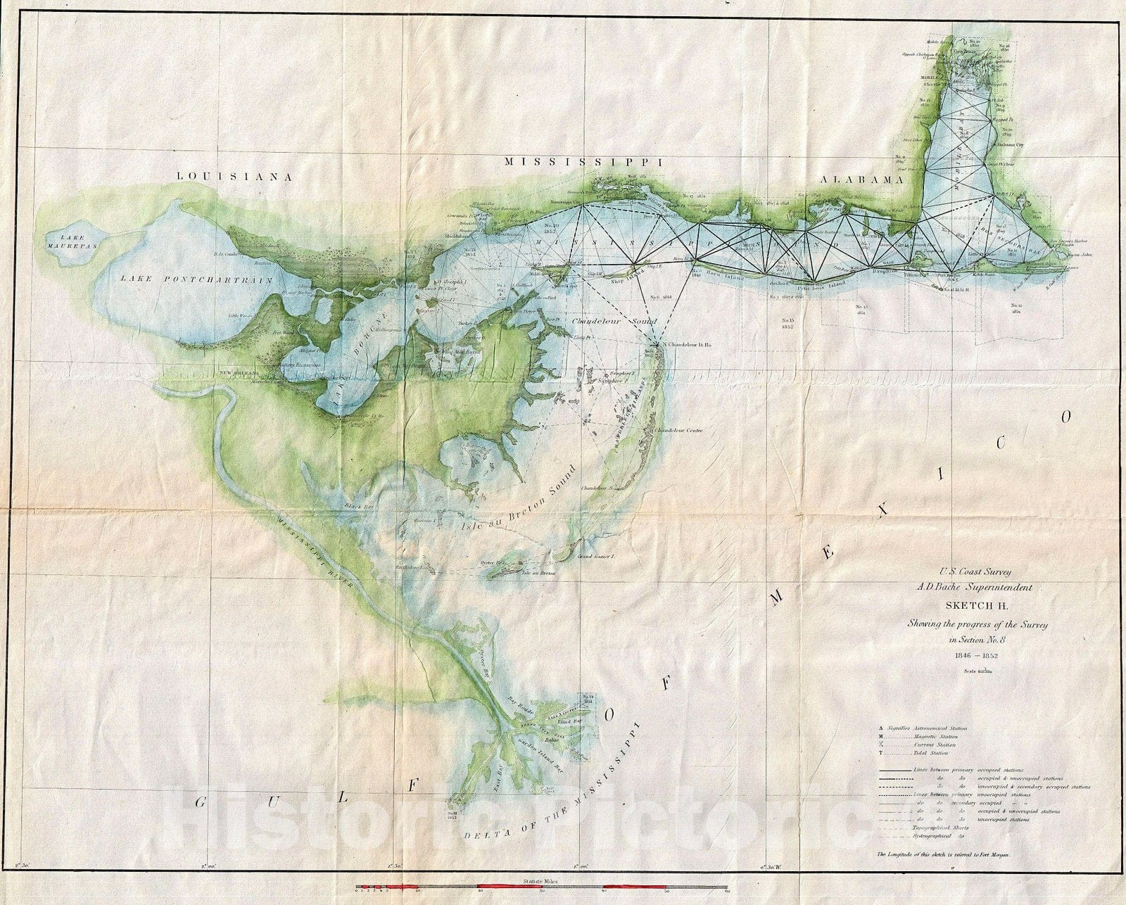 Historic Map : U.S. Coast Survey Map of Lake Pontchartrain, New Orleans, and The Mississippi Delta , 1853, Vintage Wall Art