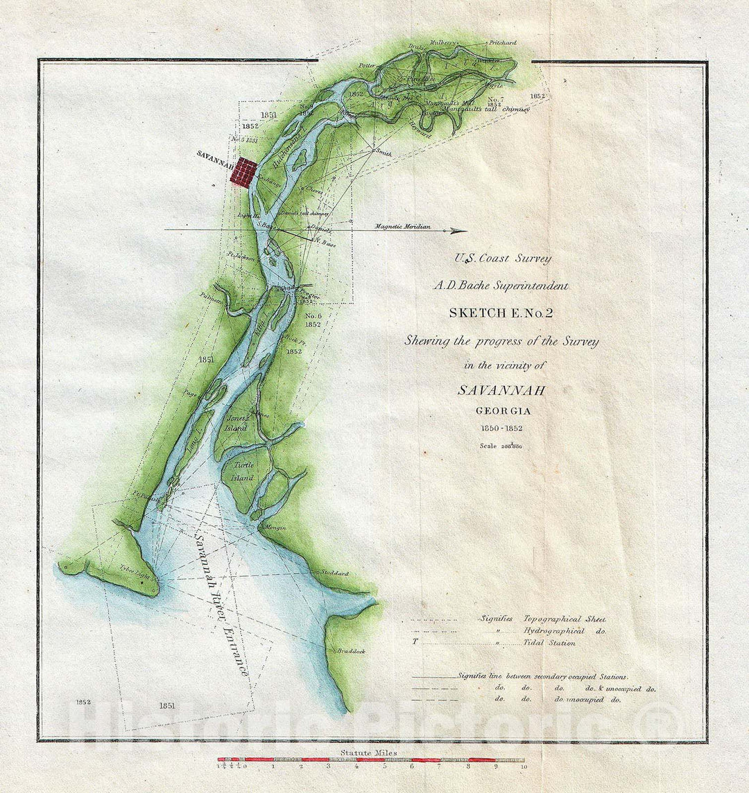 Historic Map : U.S. Coast Survey Map of Savannah Georgia and The Savannah River , 1853, Vintage Wall Art