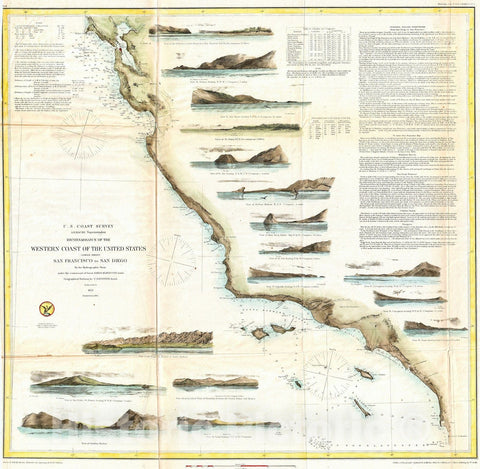 Historic Map : U.S. Coast Survey Map of The West Coast of The United States, 1853, Vintage Wall Art
