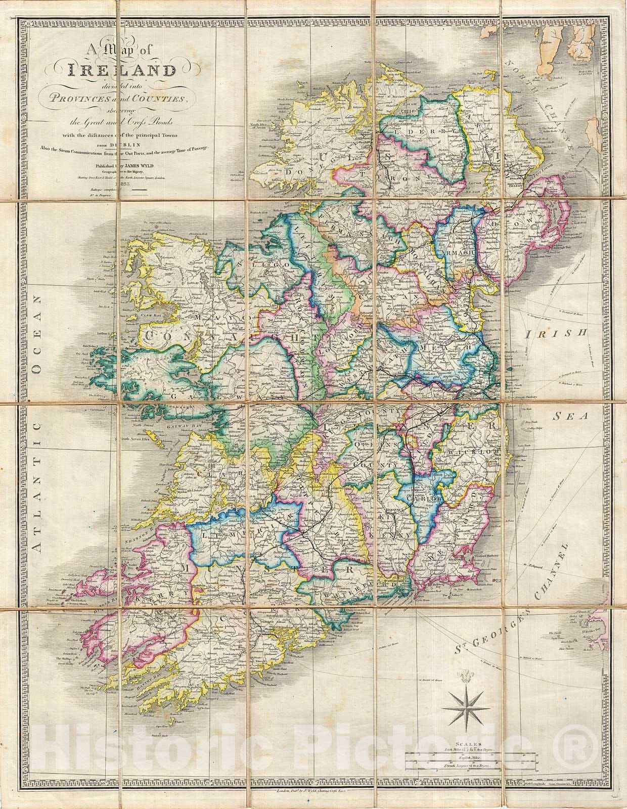 Historic Map : WYLD Pocket or Case Map of Ireland , 1853, Vintage Wall Art