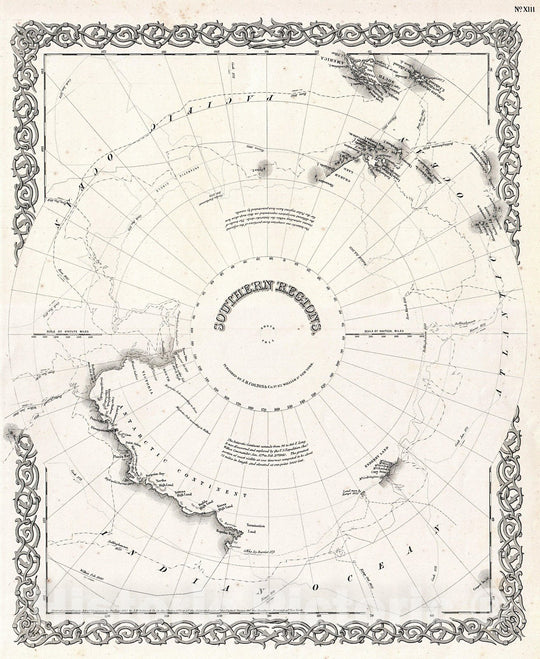 Historic Map : Colton Map of Antarctica, The South Pole, or The Southern Polar Regions, 1855, Vintage Wall Art