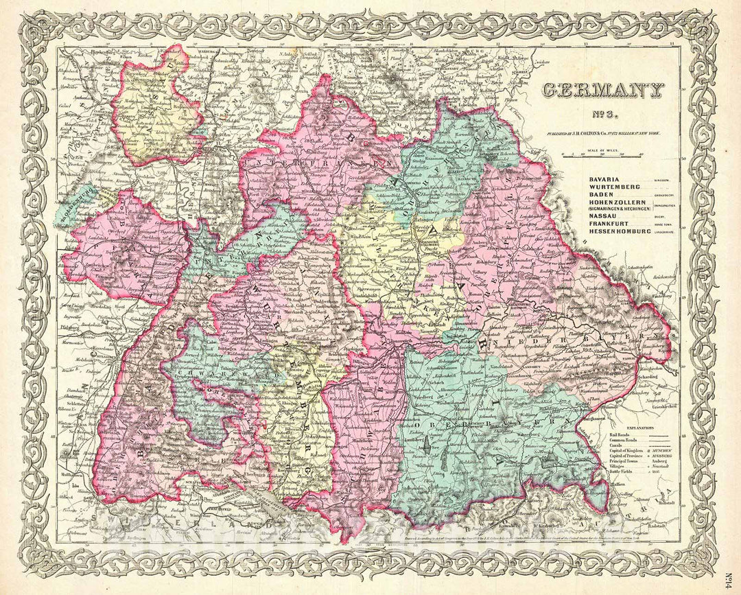 Historic Map : Colton Map of Bavaria, Wurtemberg and Baden, Germany , 1855, Vintage Wall Art