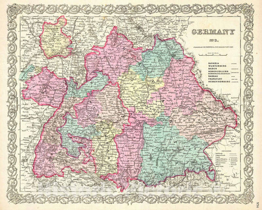 Historic Map : Colton Map of Bavaria, Wurtemberg and Baden, Germany , 1855, Vintage Wall Art