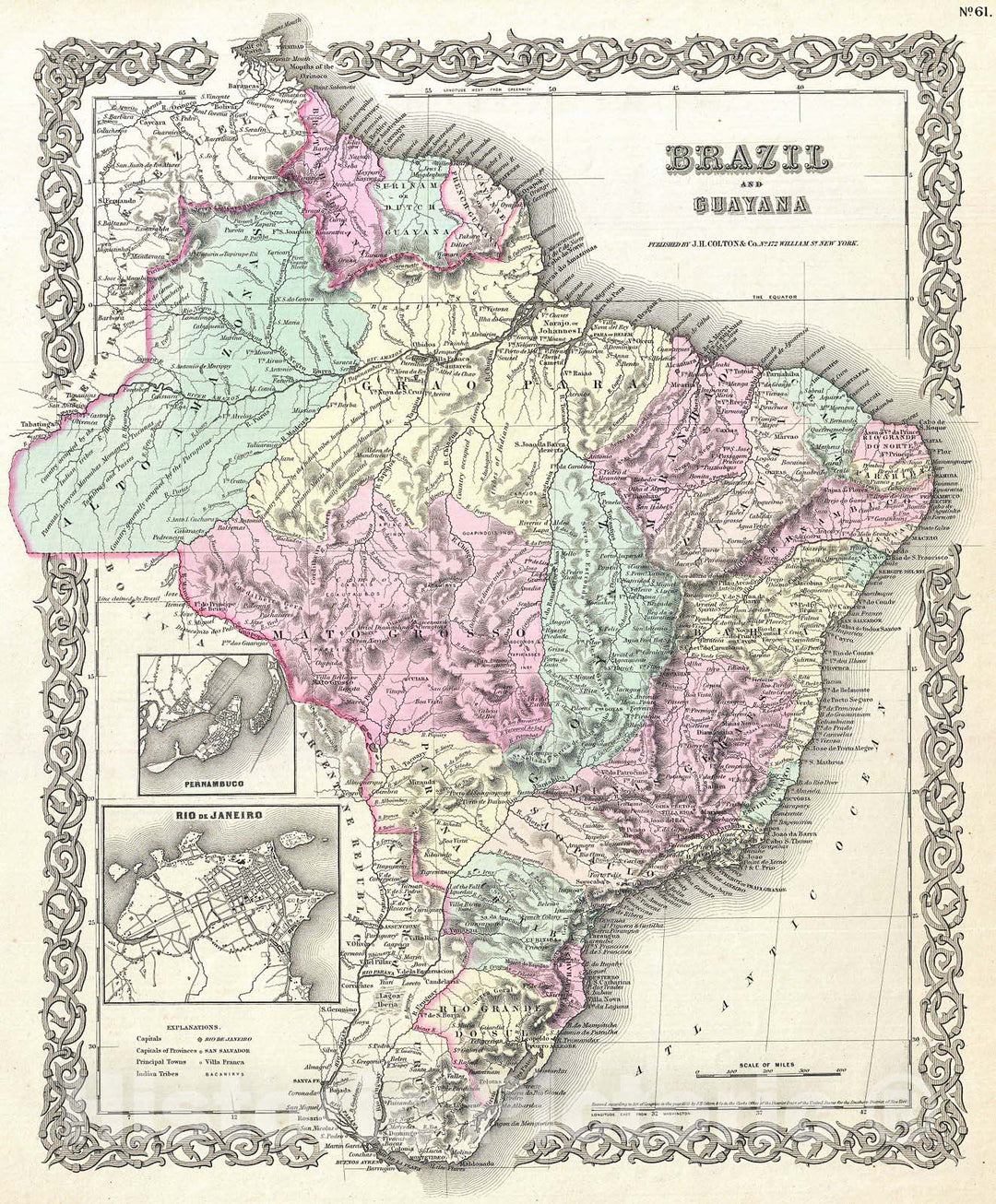 Historic Map : Colton Map of Brazil and Guyana, 1855, Vintage Wall Art