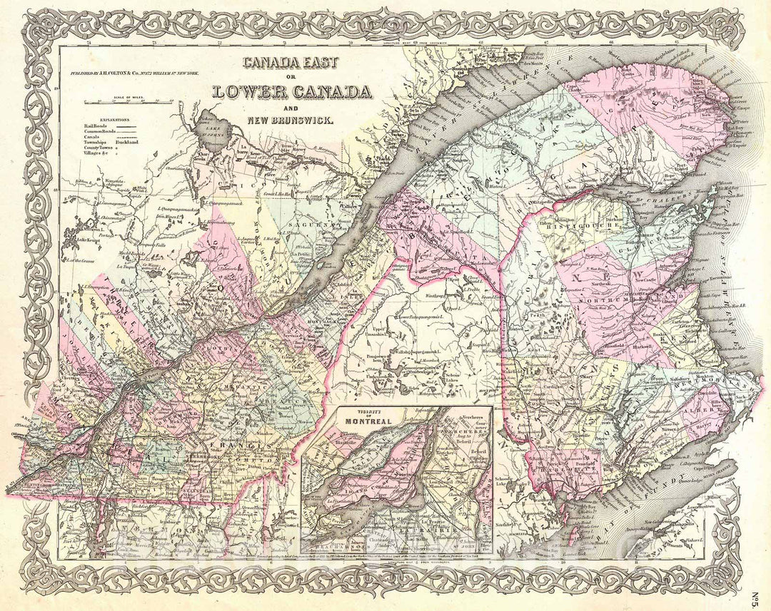 Historic Map : Colton Map of Canada East or Quebec, 1855, Vintage Wall Art