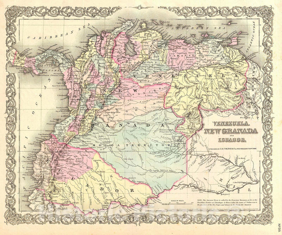 Historic Map : Colton Map of Columbia, Venezuela and Ecuador , 1855, Vintage Wall Art