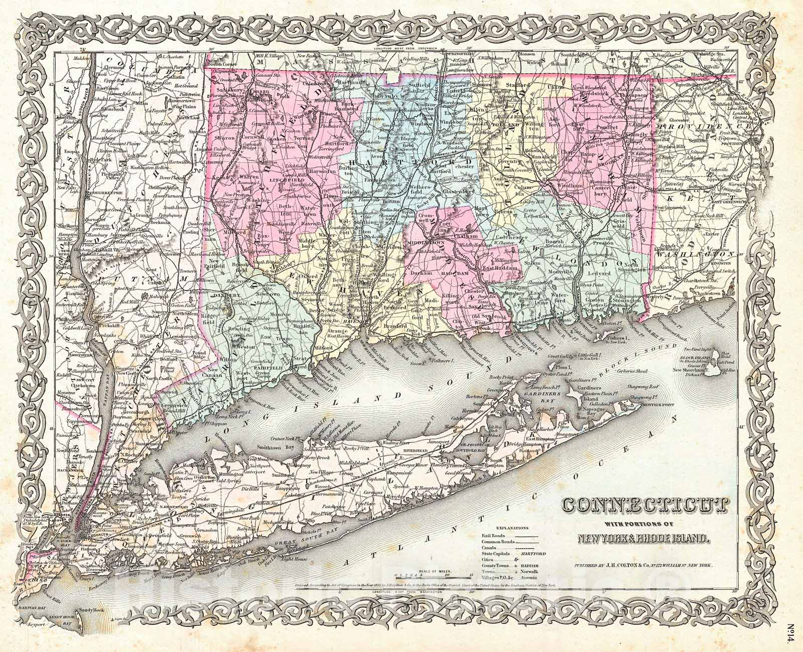 Historic Map : Colton Map of Connecticut and Long Island , 1855, Vintage Wall Art