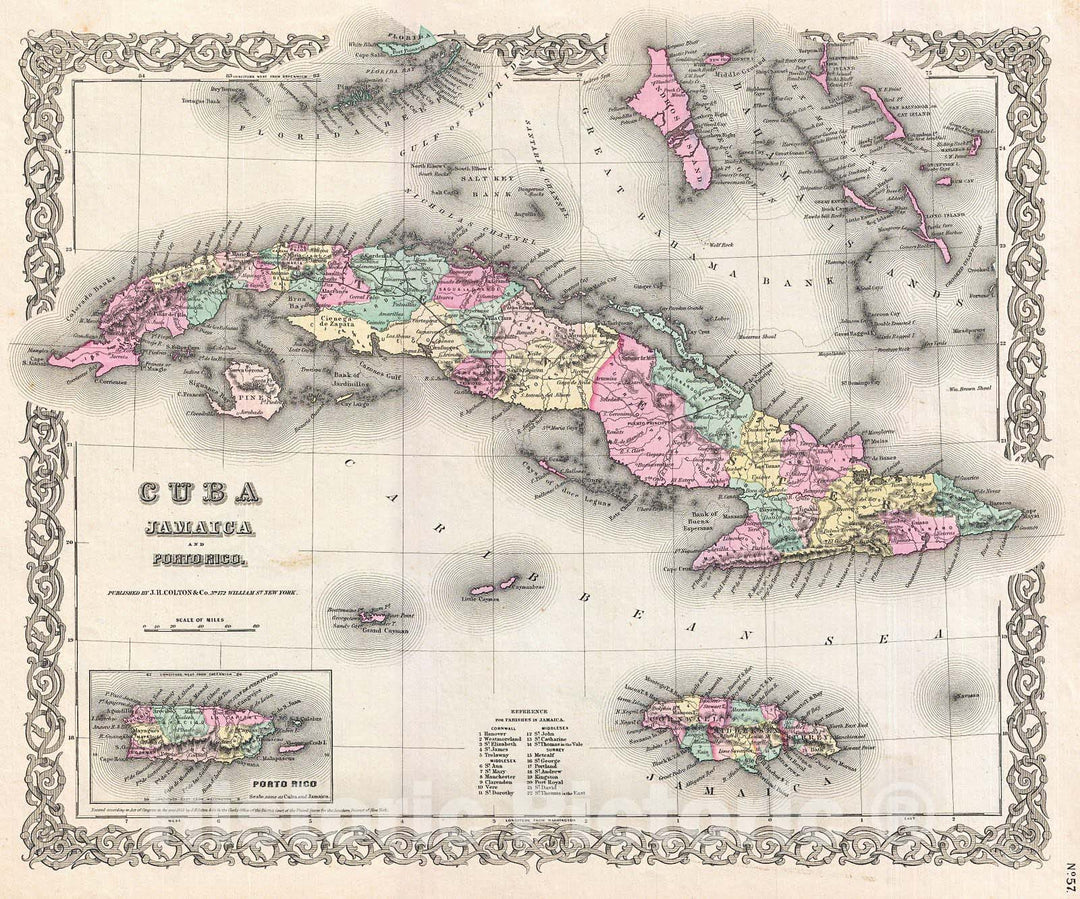 Historic Map : Colton Map of Cuba, Jamaica and Porto Rico , 1855, Vintage Wall Art