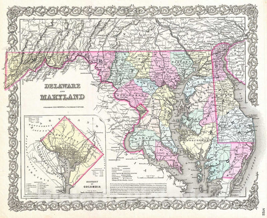 Historic Map : Colton Map of Delaware, Maryland, and Washington D.C. , 1855, Vintage Wall Art