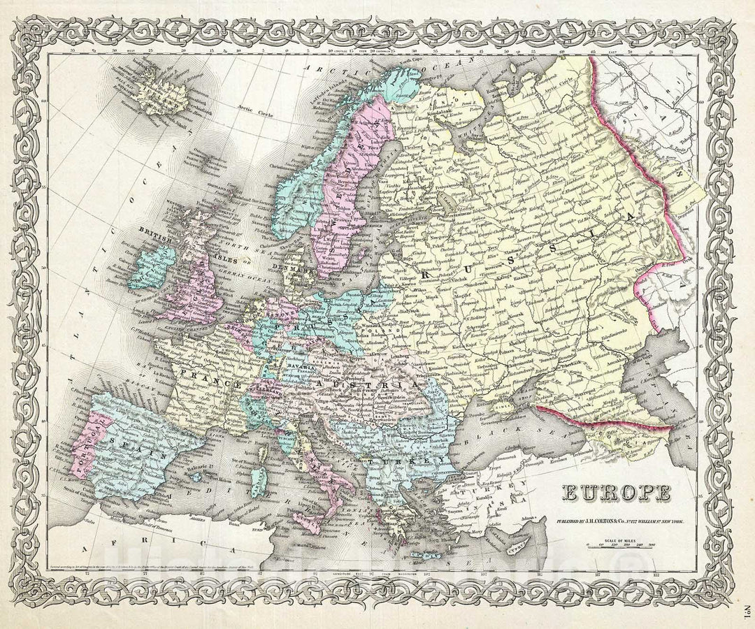 Historic Map : Colton Map of Europe , 1855, Vintage Wall Art