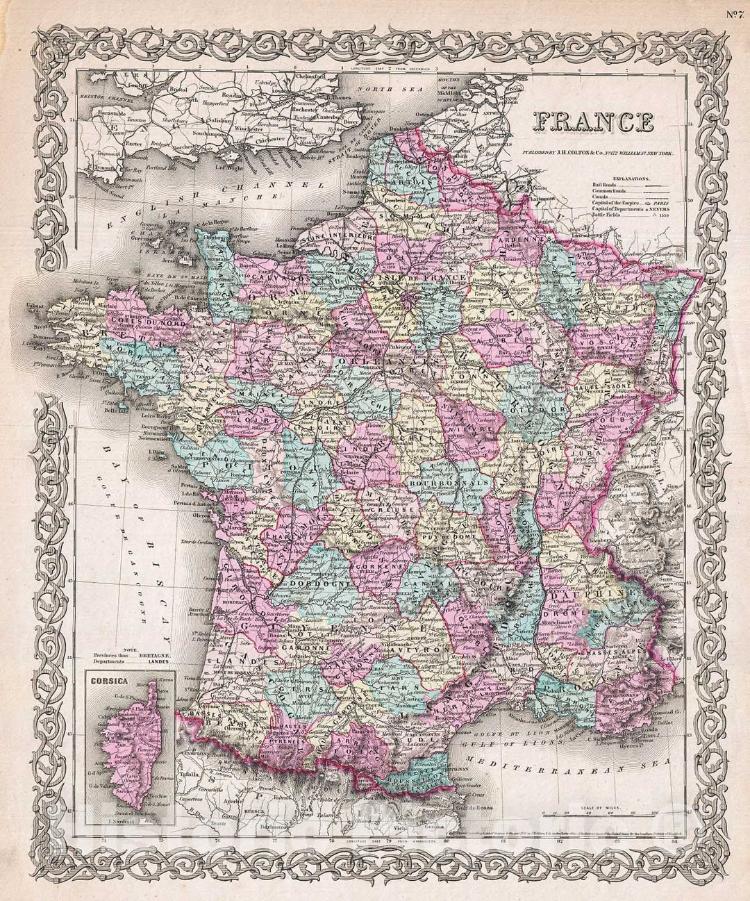 Historic Map : Colton Map of France , 1855, Vintage Wall Art