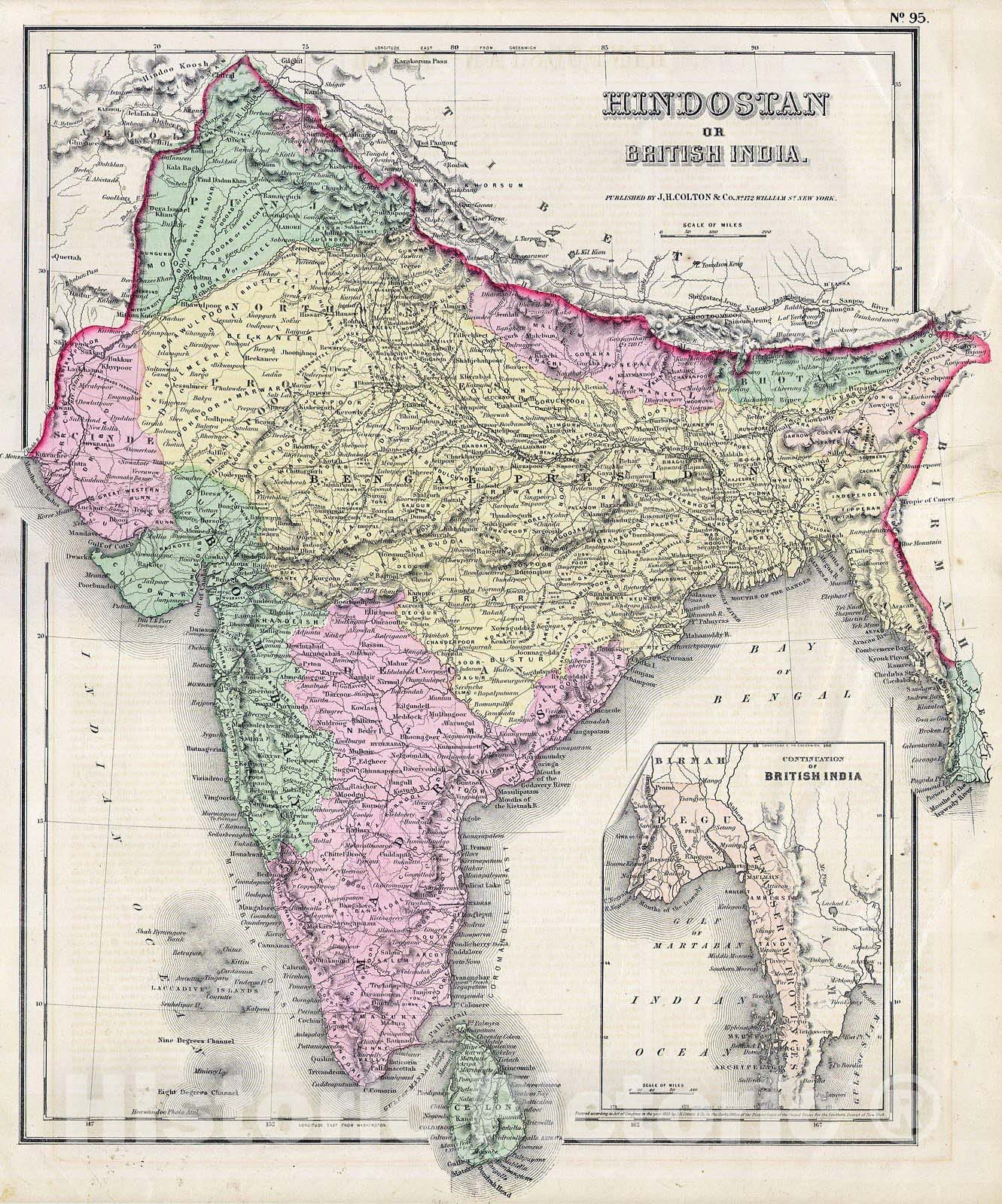 Historic Map : Colton Map of India or Hindostan , 1855, Vintage Wall Art